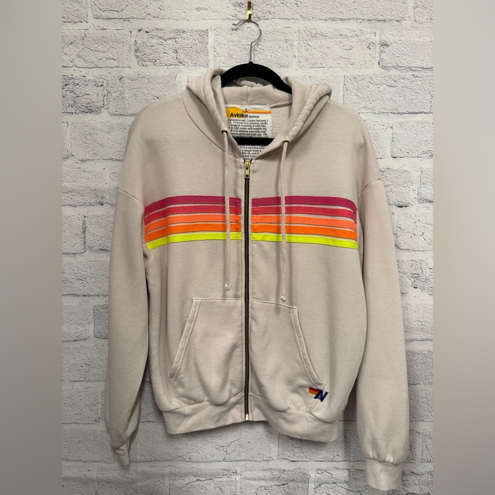 Aviator Nation 5 Stripe Relaxed Zip Hoodie - Beige // Neon Size Small